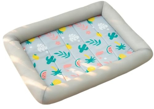 OUYUNKKA Sommer Kühlung Hundebett Hundekissen (M, 52 x 42 cm) Viereckig Grau Obst Hundesofa für Mittelgroße Kleine Hunde und Katzen,Atmungsaktiv Weich Katzenbett Hundebett für Französische Bulldogge