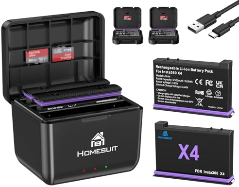 Homesuit 2er-Pack Insta 360 X4 Akku 2500mAh und Schnelles 3-Kanal USB Ladegerät Kit Kompatibel mit Insta360 X4 Action Kamera Zubehör mit Misro SD Kartensteckplätzen (Not for X4 Air)