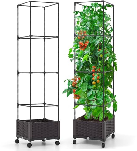 HOMASIS Rankhilfe mit Blumenkasten, Rankhilfe höhenverstellbar mit Rollen, Gartenpalier aus Metall & PP, Garten Obelisk Selbstbewässerung, Rankturm Pflanzkasten für Kletterpflanzen Blumen Tomate