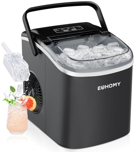 EUHOMY Máquina de Hielo 12Kg/24H, 9 Cubos en 6 Minutos, Maquina de Hacer Hielo Autolimpiable, 2 Tamaños de Hielo, con Asa, Pala para Hielo y Cesta, Sirva Para Casa/Cocina/Oficina/Bar Black