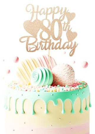 Bliceon Rose Gold Happy 80th Birthday Cake Topper, Glitter Happy 80 Cupcake Topper, Happy 80th Birthday Cake Toppers for Women Themed Party