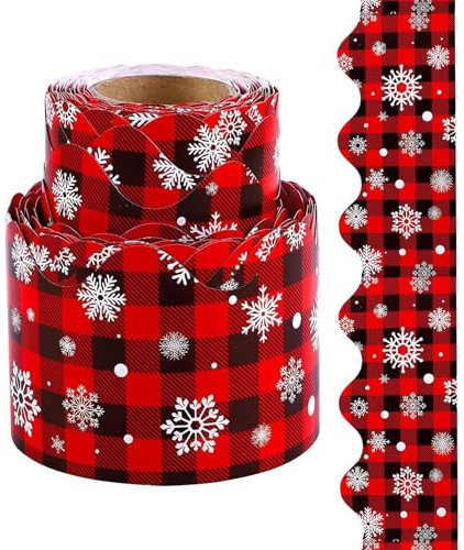 Weihnachts-Pinnwand-Rahmen, 1 Rolle Weihnachts-Pinnwand-Rand, Weihnachts-Raumdekoration, Kreidetafel-Pinnwand-Randaufkleber, Rot Und Schwarz Kariertes Schneeflocken-Wellenmuster, Perfekt Für Die Dekor