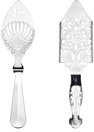 2 Pcs Stainless Steel Absinthe Spoons, Spoon-Vintage Style Absinthe Dripper with 2 Types, Ice Cube Mesh Filter Wormwood Spoon Strainer Spoon for Bar Cocktail Tea Coffee (Silver)