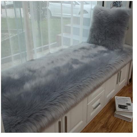 Wisafory Plüsch-Sitzmatte für Erkerfenster Faux Lammfell rutschfeste, verdickte Fenst Sitzbezug Teppich-Pads Stuhlkissen Bankkissen für Outdoor, Gartenmöbel, Terrasse, Drinnen Grau 60 * 60cm