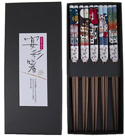 lachineuse Juego de palillos japoneses Maneki Neko de Lachineuse - 5 pares de palillos japoneses de la suerte - Color madera - Palillos - Sushi, ramen, fideos y arroz - Regalo de cocina asiática china