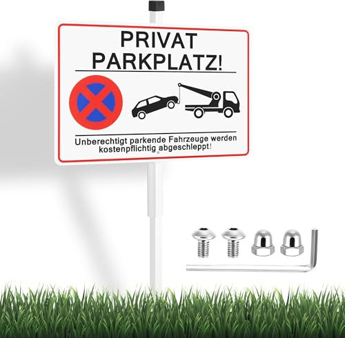 JIZZU Privatparkplatz Schild mit Pfosten, 30x20 cm Parken Verboten Schild, Warnschild Aluminium, Unberechtigt Parkende Fahrzeuge Werden Kostenpflichtig Abgeschleppt!