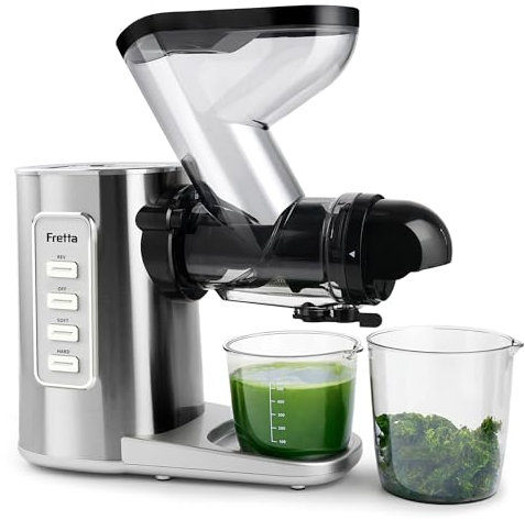 BPA-Free Juicer Machines, Fretta 76MM Wide Dual Feed Chute Slow juicer, 2-Speed Modes & Automatic Reverse Function, Easy Clean Self Feeding Juice Extractor,Tritan & Stainless Steel, High Juice Yield