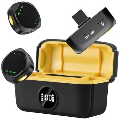 Swokely Micrófono Lavalier inalámbrico con funda de carga recargable, 2 micrófonos de succión magnética, reducción de ruido para teléfono móvil, transmisión en vivo, grabación al aire libre, tipo C