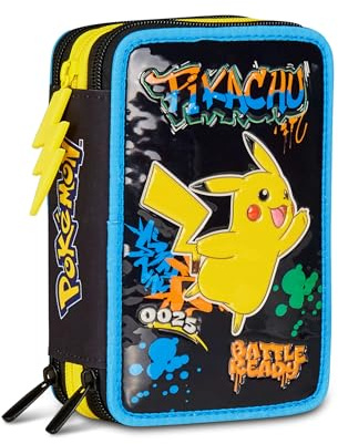 Seven Astuccio Scuola Pokemon 3 Zip, Nero, Portapenne Triplo Scomparto Completo Di Penne, Matite, Colori, Accessori, Scuole Elementari, Bambino