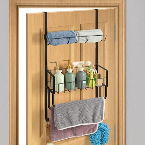 UOMIO Handtuchhalter für Tür Rüttelfrei, Handtuchständer zum Einhängen, Verstärkter Türhaken ohne Bohren, Starker Metall Organizer für Badezimmer, Küche, Gäste-WC für Standardtüren - Schwarz