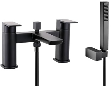 VeeBath Lagoon Soft Square Bath Shower Mixer – Matt Black Finish with Square Showerhead, Dual Lever Control, G3/4 BSP Inlet, Deck Mounted Bathroom Taps with Shower