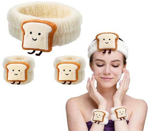 KOMUNJ 3 PCS Niedliches Cartoon-Toast Gesichtswaschband mit Haarband Damen Elastische Haarbänder für Hautpflege Spa Make-up Gesichtswasch
