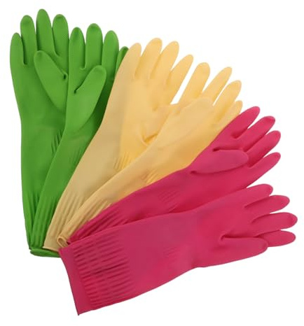 GALPADA 3 Pairs Thickened Latex Gloves Reusable Non Slip Dishwashing Mitts with Extended Household Cleaning Gloves for Kitchen Laundry Bathroom and Car Washing Tasks