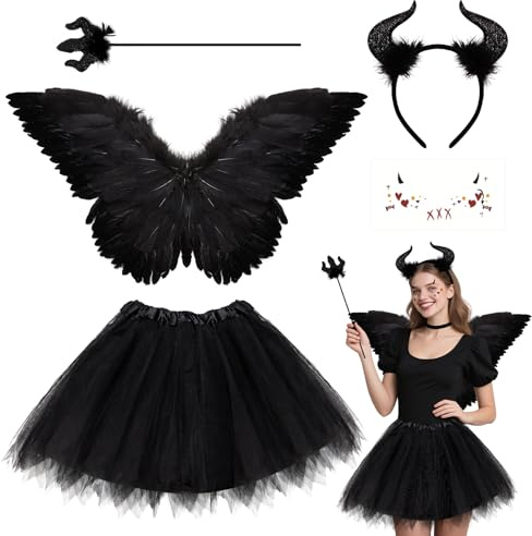 JJKOL Disfraz de ángel de diablo negro para mujer, alas negras, alas de ángel negras, 5 unidades, disfraz de Halloween para mujer, juego de ángeles, alas de ángel negras para Halloween, carnaval
