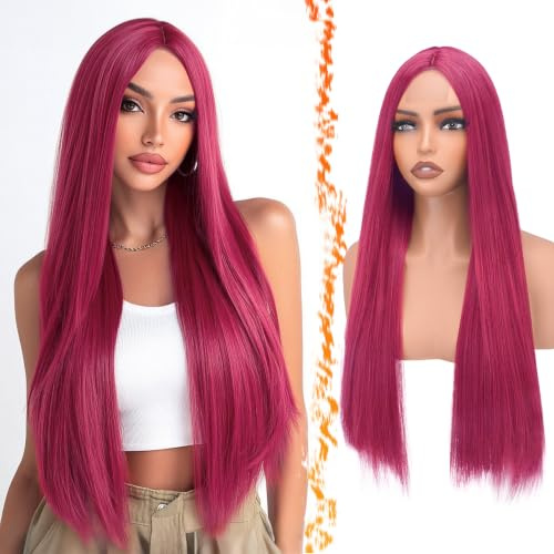 BARSDAR Lange Gerade Hot Rosa Perücke, Lange Gerade Mittelscheitel Rosa Perücke für Damen 71cm Natürliche Haarperücken Synthetische Haar Wigs Kpop Perücken Party Cosplay Halloween Perücken