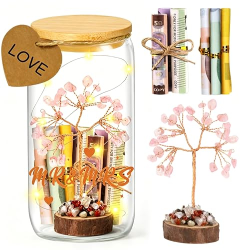 EccoCove Hochzeitsgeschenke für Brautpaar – LED-Flaschenlicht Hochzeit mit rosa Lebensbaum, LED-Lichterkette & Zubehör – Hochzeitsgeschenk Geld, Geldgeschenke Hochzeit, Just Married Hochzeit Spardose