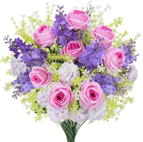 Minnhua Künstliche Blumen Lila Seidenblumen Rose Künstlich Unechte Blumen Deko Hortensie Kunstblumen Lila Plastikblumen Kunstblumenstrauss für Draußen Balkon Garten DIY Hausgarten Party Hochzeits Deko