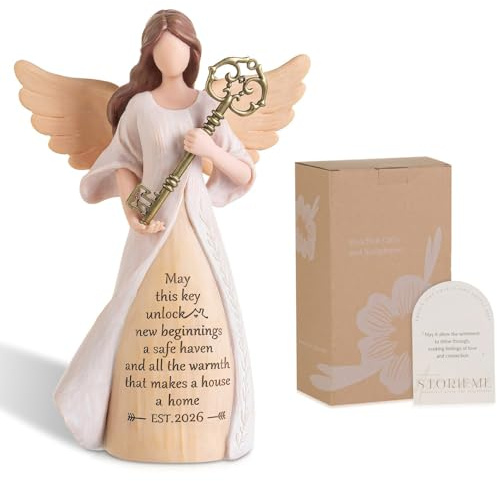 Storieme 2026 House Warming Gifts New Home: Angel Holding A Key Figurine | hand-painted resin sculpture with gift-ready box, presents ideas for women, couples, friends, family, homeowners