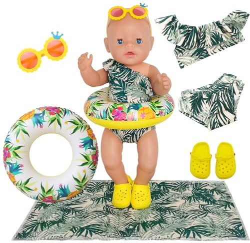 Atomvia Sommer Puppenkleidung 35–43 cm Schwimmset mit Palmenblatt Badeanzug, Strandtuch, Schwimmring, Sonnenbrille und Schuhen, Tropisches Puppen Outfit für 14–17 Zoll Babypuppen
