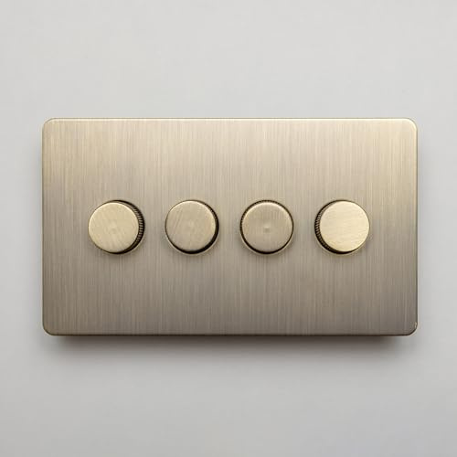 Antique Brass Straight Knurled Switches and Sockets | Screwless Front Plate (4 Gang Dimmer - 2 way)