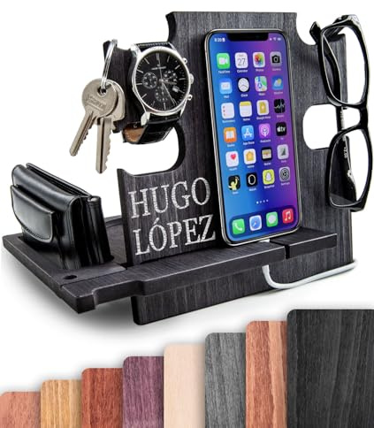 Docking Station in Legno Personalizzata - Organizer da Scrivania Regalo Uomo per Compleanno, Supporto per Telefono, Portafoglio, Orologi, Portaoggetti - Idea Regalo Unica