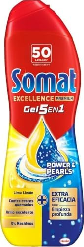 Somat Excellence Gel Lima y Limón (50 lavados), detergente lavavajillas desengrasante, lavavajilla líquido automático en botella, jabón para platos que elimina la suciedad incrustada