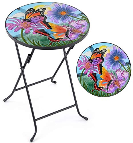 CHRISTOW Round Glass Bistro Table, Butterfly Design | Hand-Painted Glass Top, UV-Resistant Design, Folding Powder-Coated Steel Legs, H50cm x W35cm x D35cm, Garden Side Table