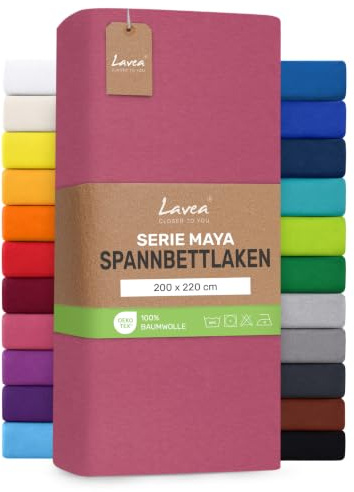 Lavea® Spannbettlaken 200x220cm - Koralle | Maya, 100% Jersey Baumwolle, Boxspringbetten, Wasserbetten, mit Rundumgummi, atmungsaktives Bettlaken für Matratzen bis 35cm