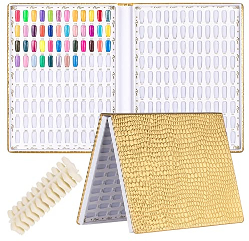 BNG 216 Nagellack Display Buch Profi Nagelfarbkarte Palette Gellack Präsentation mit 240 Stück Nagel Tipps, Leder Buch Nagel Praxis Design Planke für DIY Nagelkunst Salons Satz, Gold