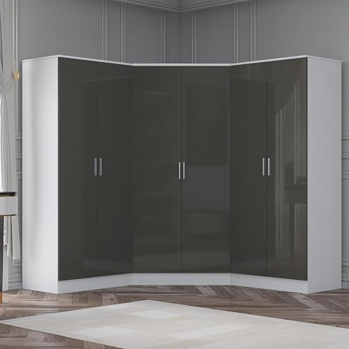Reflect 3 Piece Wardrobe Bundle | 2 Door Corner + 2x 2 Door Plain | Grey Gloss & Matt White Finish | H: 180cm x W: 255cm x D: 103cm | Modern Bedroom Furniture Storage Solution