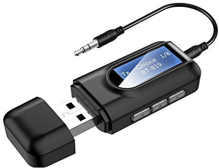 ONELY Bluetooth Adapter PC USB BT5.0, Bluetooth Transmitter TV mit Display 3in1 mit 3.5 mm Audiokabel für MP3/MP4 Kopfhörer HiFi-Lautsprecher Radio Auto TV PC Laptop Tablet (schwarz, grau, weiß)