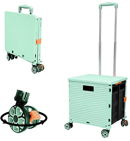 FELICON SELORSS Foldable Utility Cart Folding Portable Rolling Crate Handcart with Durable Heavy Duty Plastic Telescoping Handle Collapsible 4 Rotate Wheels for Travel Shop Move Luggage Office(Green