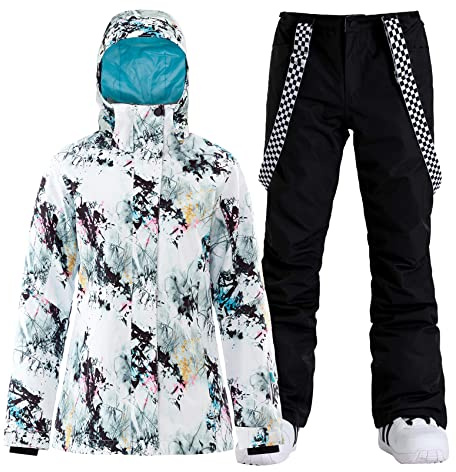 GSOU SNOW Womens Ski Jacket and Pants Snowboarding Snowsuit Coat Warm Winter Hooded Insulated Waterproof Windproof,White Black S
