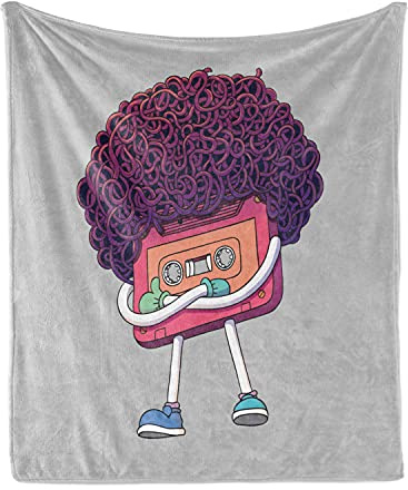 Lunarable Retro Throw Blanket, Image of Compact Cassette with Afro Hair and Arms Eighties Funny Cartoon Character, Flannel Fleece Accent Piece Soft Couch Cover for Adults, 50 x 60, Multicolor