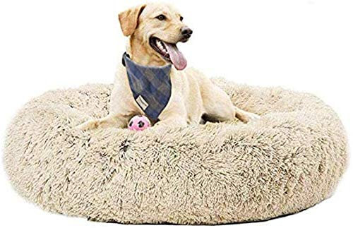 DHGTEP Hundebett, Orthopädisches Donut Hundebett, Sehr Weiches Kunstfell, Beruhigendes Bett, Waschbar, Bequemer Schlafkorb, Warmes Kopfkissen für Große Hunde (Color : Beige, Size : 110cm)
