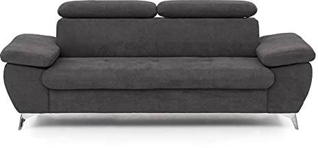 Mivano 3er-Sofa Gisele / Sofagarnitur mit Kopfteilverstellung und Armteilfunktion / 217 x 83 x 100 / Velours, Graubraun
