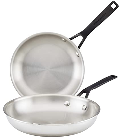 KitchenAid 30051 5-Ply Clad Polished Stainless Steel Frying Pan Set/Skillets, 8.25 Inch and 10 Inch - Polished Stainless Steel