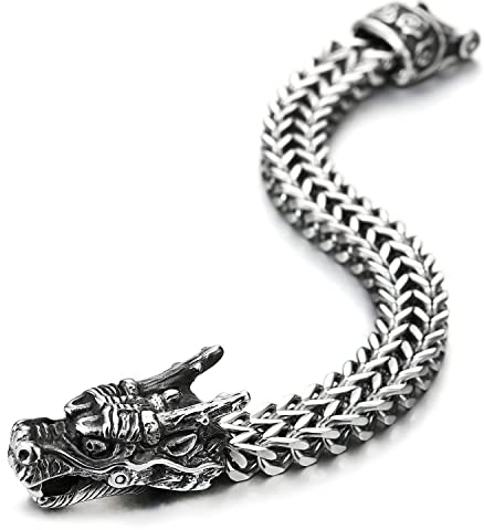 COOLSTEELANDBEYOND Herren Große Edelstahl Vintage Drache Quadrat Franco Link Kette Panzerkette Armband, 21.5CM Biker Männlich