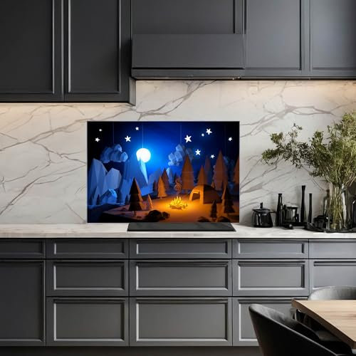 banjado Küchenrückwand Glas ohne Bohren 120x80cm – Glasrückwand Küche mit Motiv Camping 2 / Spritzschutz Küchenrückwand Glas/selbstklebende Küchenrückwand Platte - magnetisch & beschreibbar