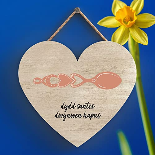 Global Designs Dydd Santes Dwgnwen Hapus Valentines Welsh Love Spoon Wooden Heart Plaque