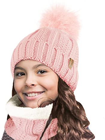 TOSKATOK Enfants Filles Hiver côtes Point de Graine Thermique Chaud Confortable Polaire doublé Cache-Cou Snood écharpe avec Chapeau Ensemble-Taille Unique-Ensemble Nude