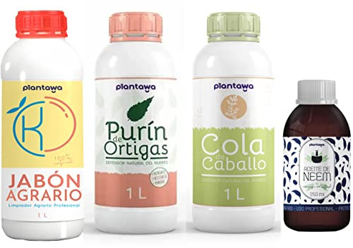 PLANTAWA Protección TOTAL: Jabón Potásico 1L, Aceite de Neem 250ml, Purín de Ortiga 1L, Cola de Caballo 1L | Solución Versátil | Fácil Aplicación | Cuidado Eficaz y Seguro