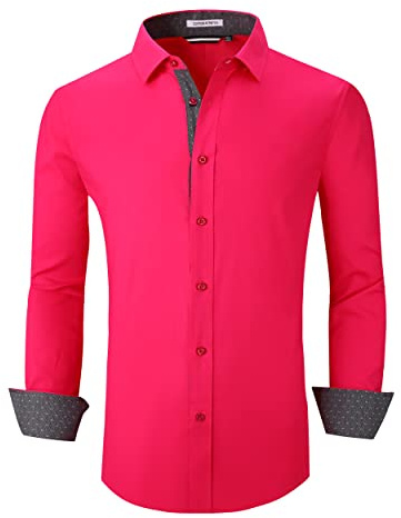 Alex Vando Camisas de vestir para hombre, ajuste regular, manga larga, elásticas, para negocios, para hombre, Fucsia, Large