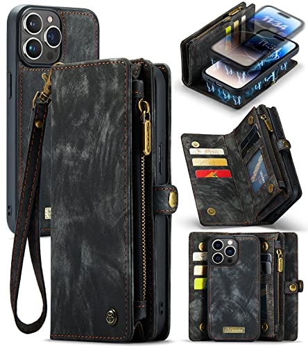 UFinetech für iPhone 14 Pro Max Hülle, Flip Leder TPU Stoßfest Kartenfach Tasche Handyhülle für iPhone 14 Pro Max, Magnetisch Kratzfest Abnehmbare Reißverschluss mit Band Schutzhülle Case, Schwarz