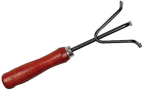 Q&H 24cm Metal Garden Hand Rake - Heavy Duty Handy Cultivator with Strong Wood Handle - Three Prolong Gardening Claw for Planting Seeds Planting Turn the Soil Weeder Plants Flowers Vegetables Adults