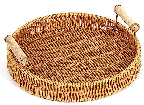 Aoguaro Imitation Wicker Bread Baskets, Small With Handles Rectangle & Round Hand Knitting Tray, Plastic Vintage Storage Organizing Basket, for Kitchen Counter Table Restaurant Organizer Decor