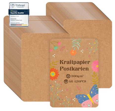 moinkerin 120 Stücke A6 Kraftpapier Karten, 300 g/m², Braun | Druckbar Postkarten Blanko Karten im Format 10,5 × 14,8 cm für DIY, Hochzeitseinladungen, Danksagungskarten