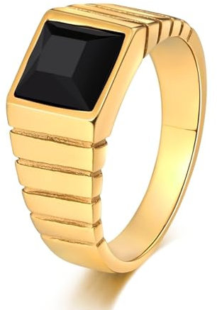 Aotiwe Ring for Men, Herren Ringe Breit Quadrat Gold Freundschaftsringe Dünn mit Schwarz Marquiseschliff Zirkonia Edelstahl Größe 60 (19.1)