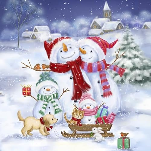 20 Servietten Winter Familie Schneemann mit Tiere als Tischdeko. Papierservietten mit Motiv für Weihnachten Schneemann Hund Katze. Auch für Decoupage und Serviettentechnik 33x33cm