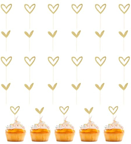 24 Gold Herzen Cupcake Topper für Hochzeit, Verlobung, Geburtstag